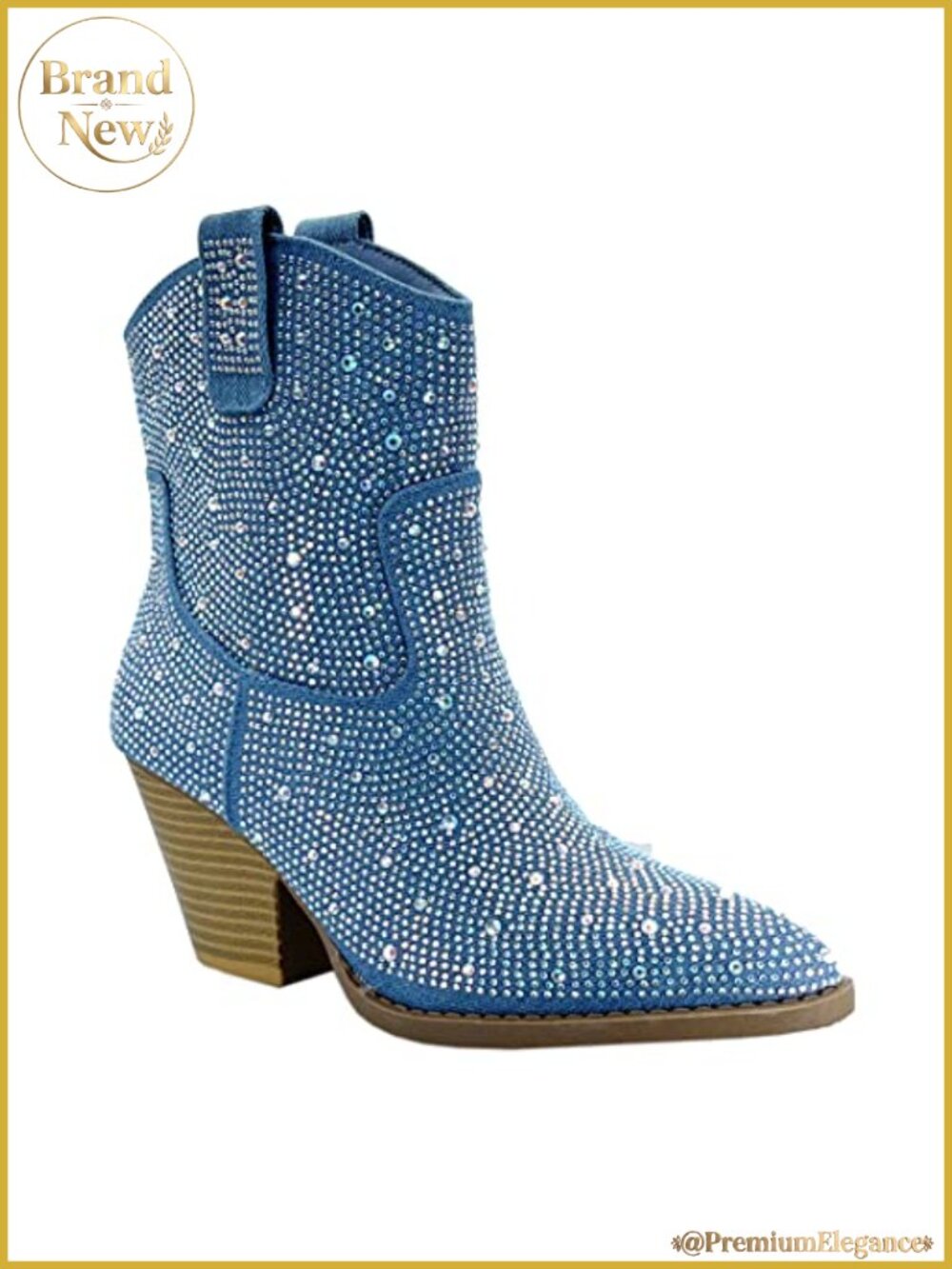 Women's Pointed Toe Rhinestone Ankle Booties Denim Western Boots